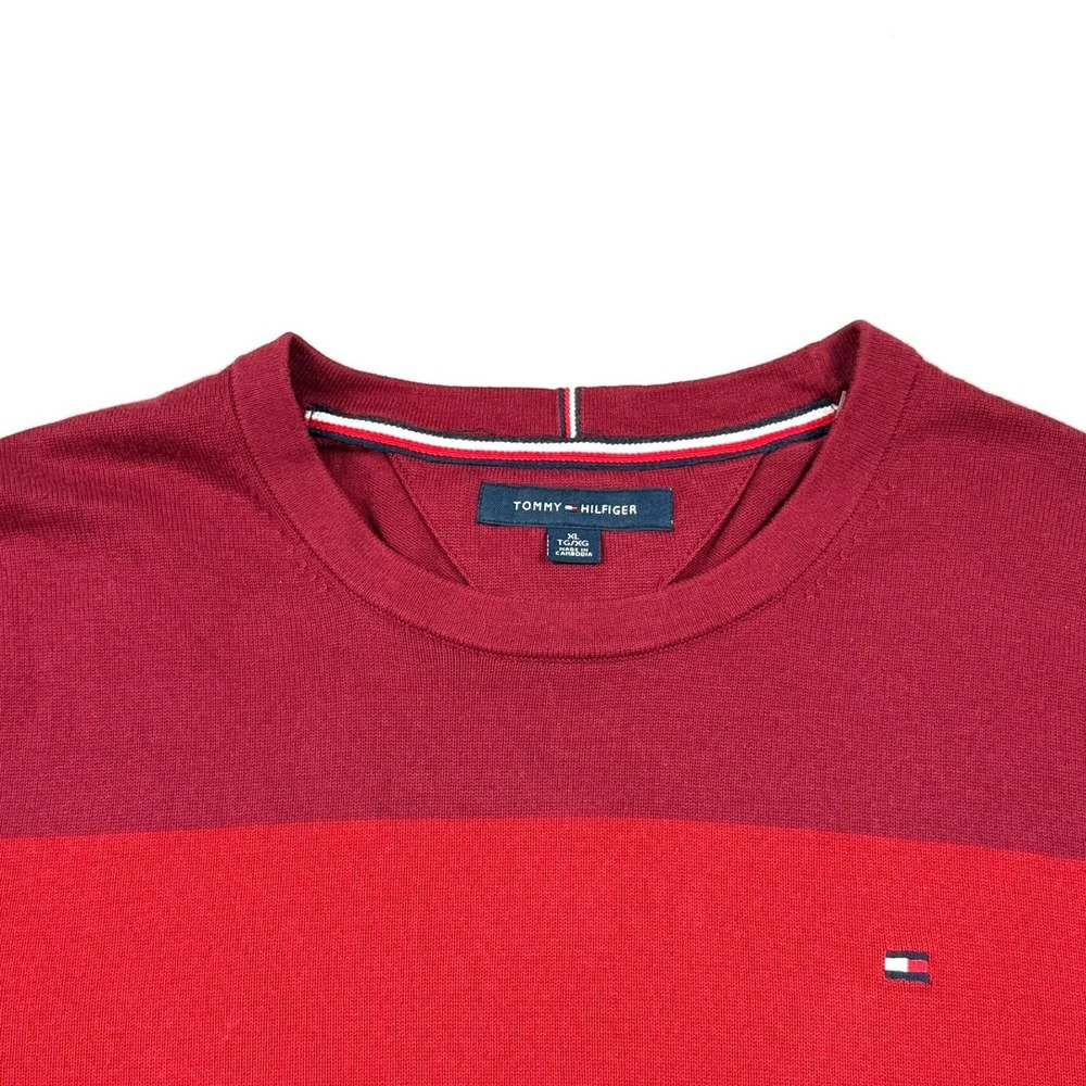 Tommy Hilfiger Men's Red Burgundy Striped Crew Neck Sweater‎ XL Cotton Blend